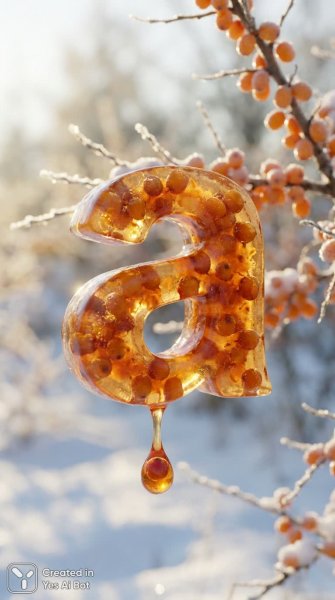 Замороженная буква А из облепихового варенья: аппетитный 3D рендер с солнечным светом. Генерация из нейронной сети Nano Banana