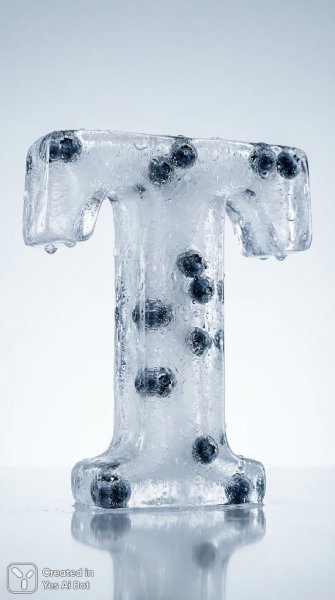 Ледяная буква Т с голубикой внутри: зимняя композиция в современном стиле. Изображение из нейросети Nano-Banana