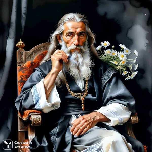 Мудрый старец с длинной бородой и волосами в кресле. Изображение из нейросети Stable Diffusion