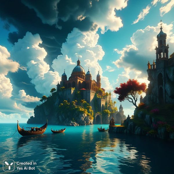 Плавающие острова: кинематографический мир в стиле психоделики. Изображение из нейронной сети Stable Diffusion