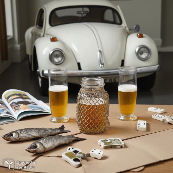 Старая машина, пиво и рыба: уютная атмосфера простого отдыха и воспоминаний о прошлом. Картинка из нейронной сети Flux Ai