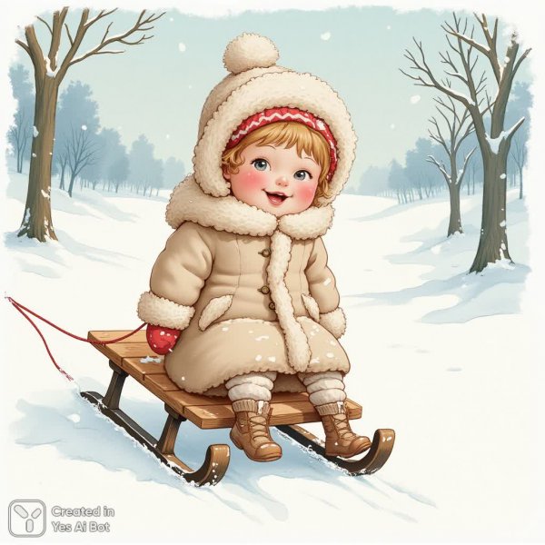 Зимнее счастье малыша: акварельная сказка о санях и радости. Генерация из нейросети Flux 1