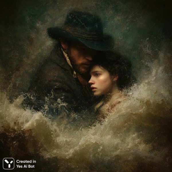 Защита в бушующем море: романтика и отчаяние у обломков корабля. Изображение из нейронной сети Midjourney