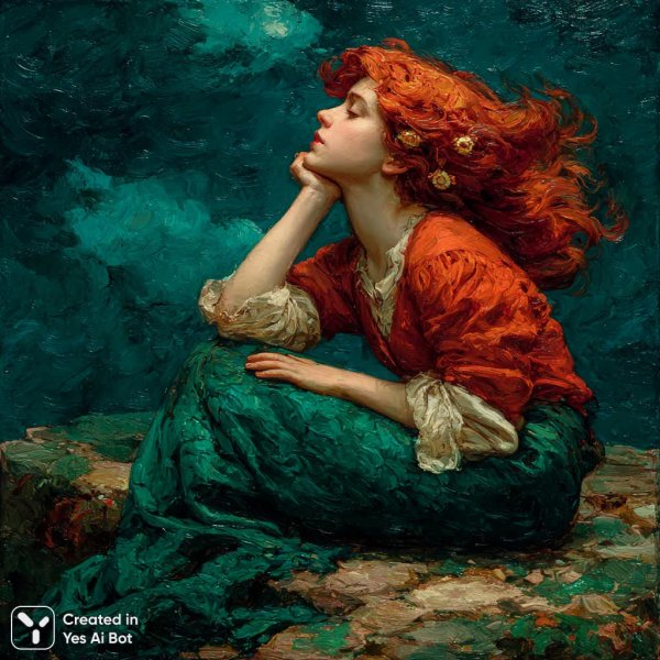 Меланхолия русалки: одиночество у моря и таинство подводного мира. Картинка из нейронной сети Midjourney