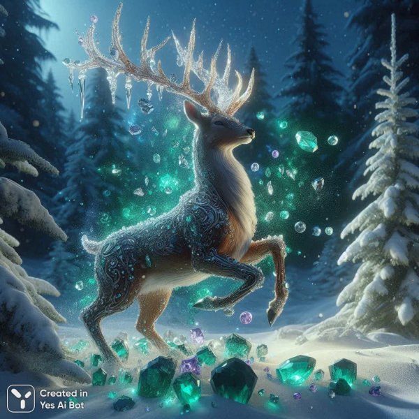 Олень из хрустальных кристаллов в волшебном зимнем лесу. Картинка из нейросети Dalle
