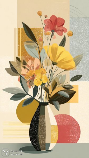 Яркий натюрморт с вазой и цветами в стиле минимализм. Картинка из нейросети Midjourney