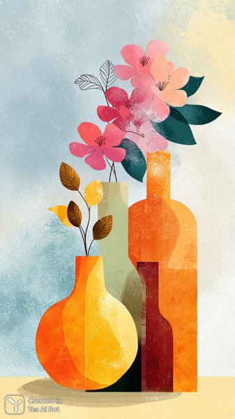 Три вазы в пастельных тонах и нежные цветы на фоне градиента. Генерация из нейросети Midjourney