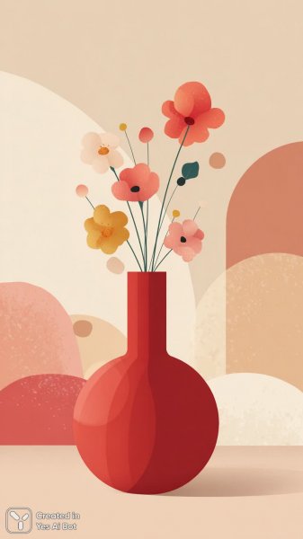 Яркий букет в красной вазе: современная иллюстрация. Генерация из нейросети Midjourney