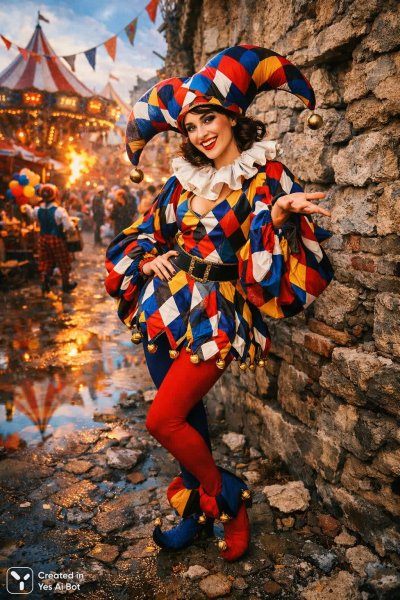 Веселый шут в ярком безумии городской сцены. Нейросеть Sora Ai Images