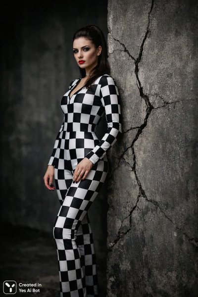 Загадочная красотка в клетчатом комбинезоне у потрескавшейся стены. Генерация из нейронной сети Sora images Ai