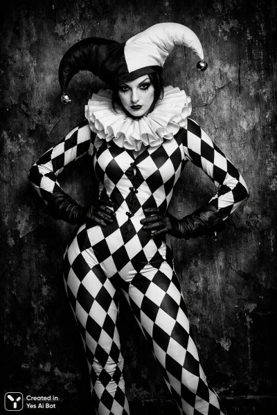 Загадочный шут в черно-белом костюме и экстравагантном наряде создает таинственную атмосферу. Генерация из нейросети Sora Ai Images