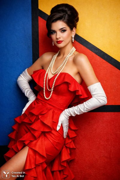 Элегантность в красном: Ретро-шик на фоне геометрического дизайна. Генерация из нейронной сети Sora images Ai