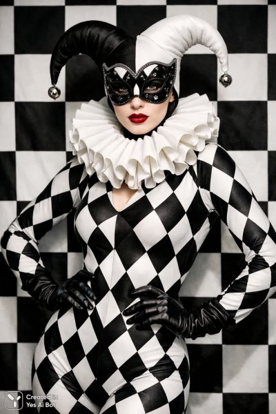 Загадочная шутовка в черно-белом костюме: дерзкий взгляд и яркие краски. Нейронная сеть Sora images Ai