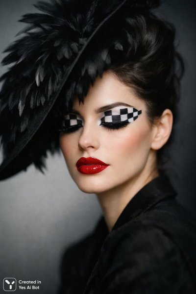 Загадочный взгляд сквозь черно-белый макияж и красные губы. Генерация из нейросети Sora images Ai