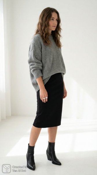 Элегантность в мягком свитере и кожаной юбке: фотосессия с Sony Alpha. Картинка из нейросети Nano Banana