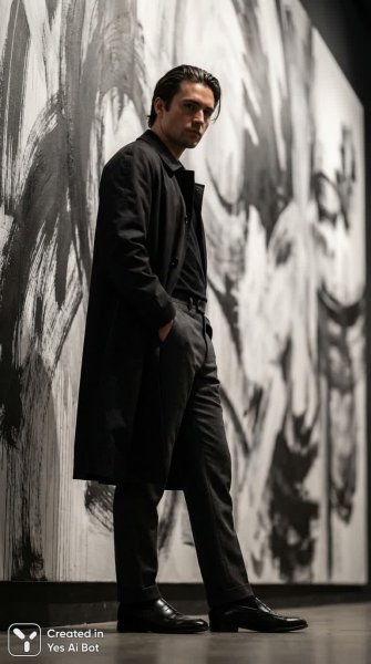 Элегантный мужчина в стильном образе на фоне абстрактного искусства. Генерация из нейросети Нано Банана