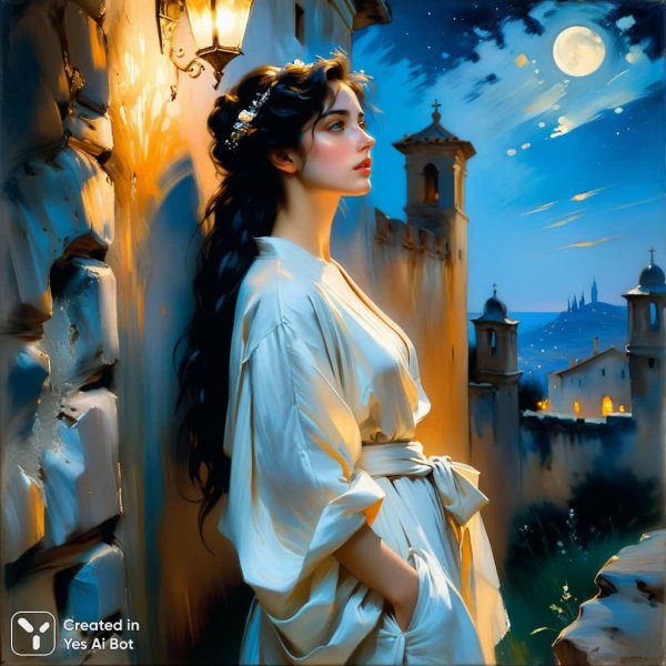 Ночная тайна: девушка у каменной стены под лунным светом. Генерация из нейронной сети Стейбл Дифьюжен