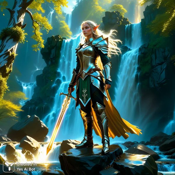 Воин эльфов на фоне древнего леса и водопада в сияющей мифриловой броне. Нейронная сеть Stable Diffusion