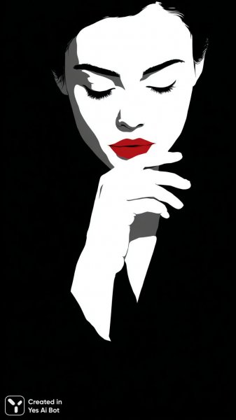 Задумчивое лицо в стиле минимализма с акцентом на красное. Картинка из нейронной сети Миджорни