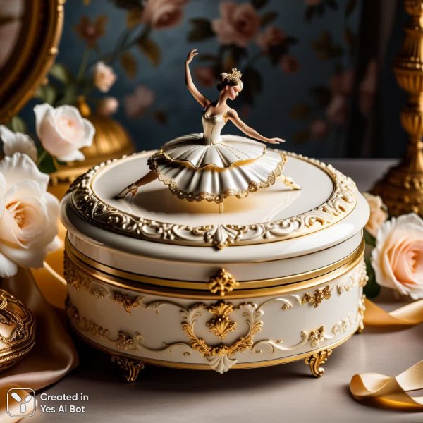 Изящная балерина в золотом рококо: музыкальный ящик с изысканным дизайном. Генерация из нейросети Stable Diffusion