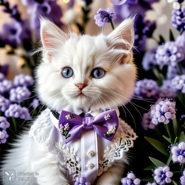 Вышитая нежность: лаванда, котенок и кружево в объеме. Изображение из нейронной сети Stable Diffusion
