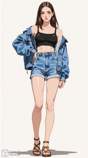 Модная иллюстрация: стильный образ молодой модели в джинсовой куртке и шортах. Изображение из нейронной сети Flux 1