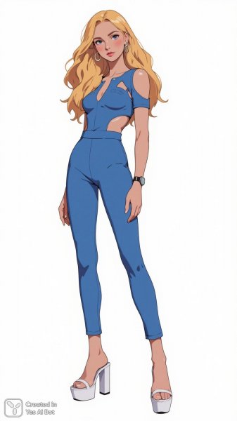 Модный образ: длинные волны и стильный комбинезон в голубом цвете с вырезами. Изображение из нейросети Flux 1