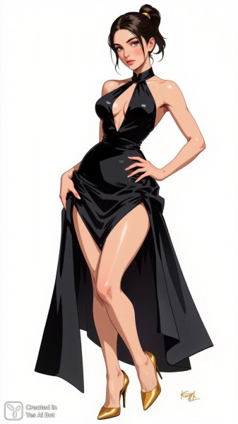 Элегантная мода: изящный силуэт в черном платье и золотых стилетто на светлом фоне. Генерация из нейросети Flux.1