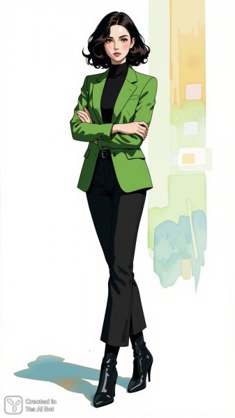 Стильный образ современной девушки в зеленом блейзере и черной водолазке. Изображение из нейросети Flux