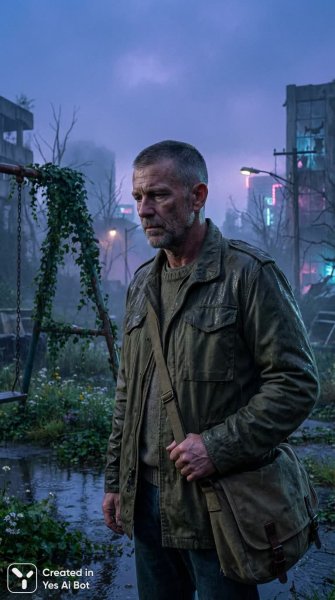 Последствия забвения: постапокалиптический портрет в сиянии сумерек и разрухи. Картинка из нейронной сети Nano-Banana