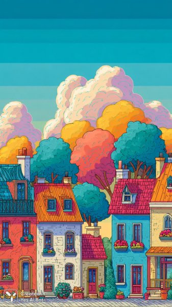 Яркая деревня в наивном стиле: сказочные домики и беззаботное настроение. Нейросеть Midjourney