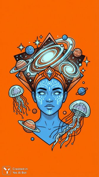 Синекожая девушка в космической короне из щупалец и инопланетные мотивы. Картинка из нейронной сети Nano-Banana