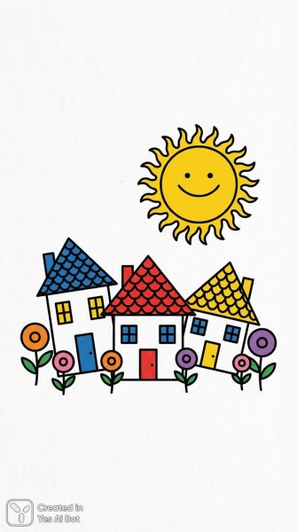 Яркие домики в стиле наивного искусства и цветущий сад. Изображение из нейронной сети NanoBanana