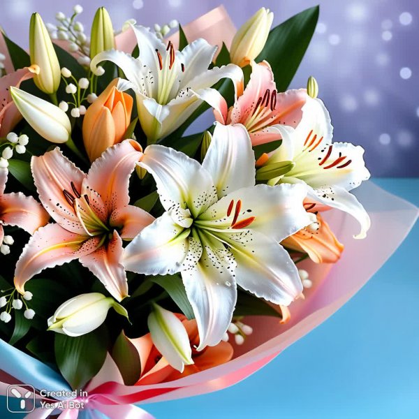 Роскошный букет лилий: нежность и зимняя свежесть в деталях. Генерация из нейросети Stable Diffusion
