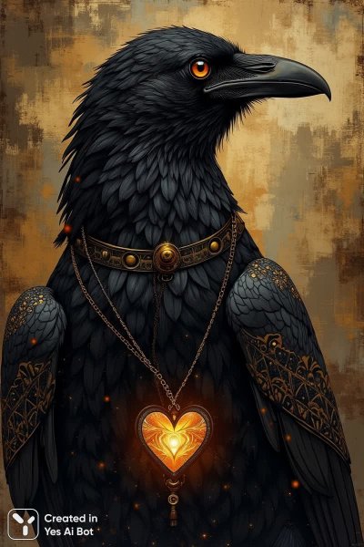 Чёрный ворон в неоклассическом стиле с таинственными африканскими узорами и светящимся сердцем. Картинка из нейронной сети Flux.1