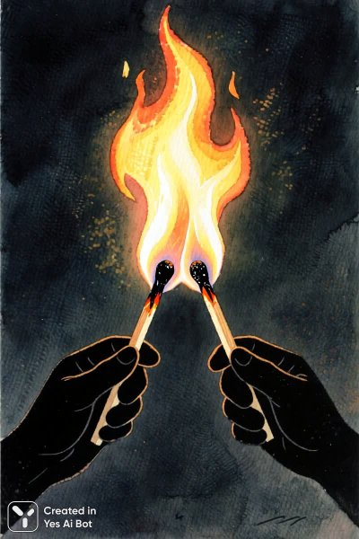 Угасающий свет: трагический момент двух горящих спичек в темноте. Изображение из нейросети Qwen