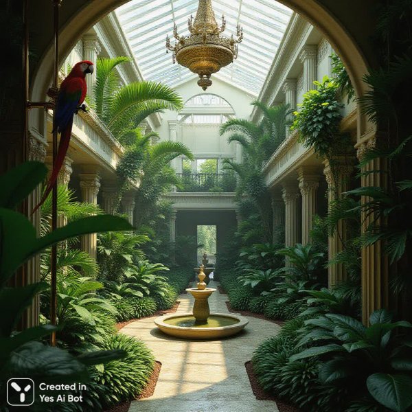 Роскошный сад внутри особняка: тропический рай и изысканная элегантность. Изображение из нейросети Flux Ai