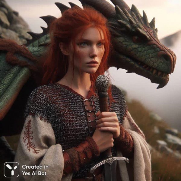 Воинственная викинга и дракон на закате в эпическом фэнтези. Генерация из нейронной сети Dalle