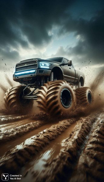 Грязный монстр-трак Dodge Ram покоряет бездорожье на огромной скорости. Картинка из нейросети Dalle-3