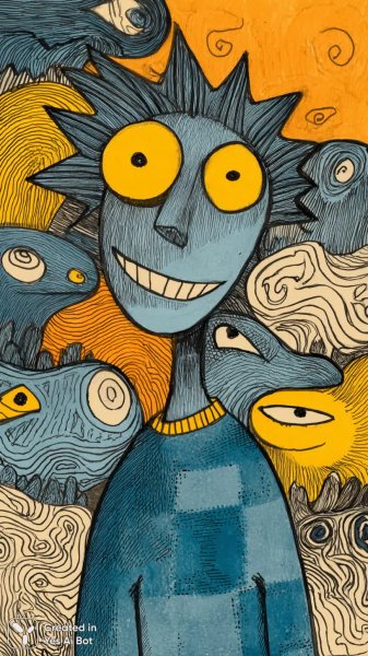 Яркий персонаж в безудержном танце на фоне оранжево-розового вихря: наивное искусство и гротескная радость. Нейронная сеть Midjourney