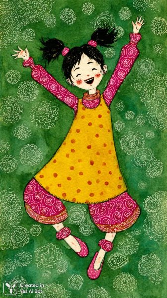 Веселая танцующая девочка в ярком летнем наряде и розовых косичках. Картинка из нейросети Миджорни