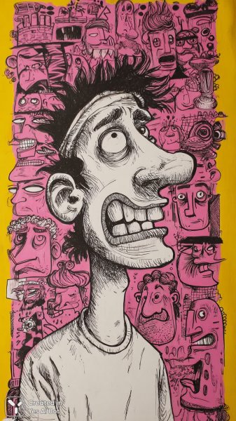 Яркие карикатуры в наивном стиле: хаотичное очарование на бумаге. Генерация из нейронной сети Midjourney