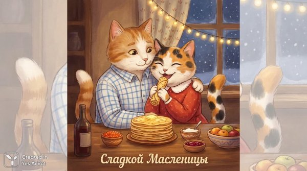 Уютная масленица: кошачья любовь и теплые традиции. Картинка из нейронной сети Нано Банана