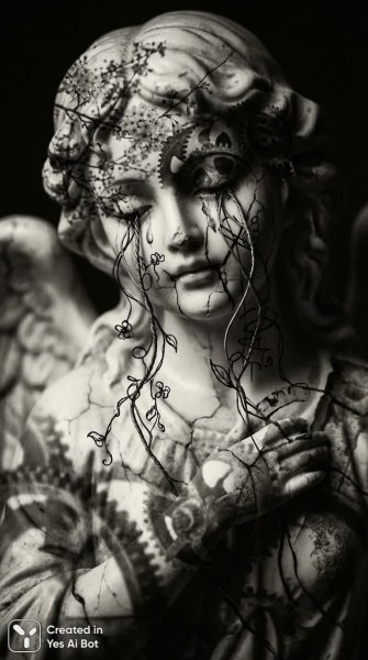 Ангел скорби: хрупкость красоты в объятиях времени и индустриального упадка. Генерация из нейросети Nano-Banana
