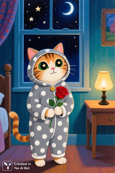 Умилительный котик в пижаме: нежная ночь и роза в деталях. Картинка из нейросети Qwen Images