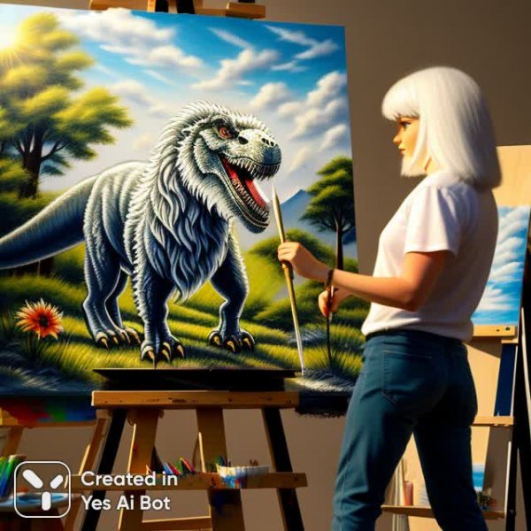 Блондинка рисует динозавра: Ожившая картина и яркий солнечный луч. Генерация из нейронной сети Stable Diffusion