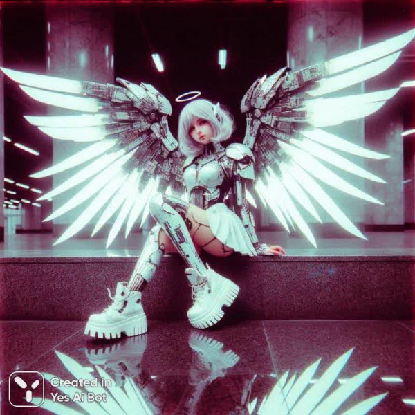 Загадочная киберпанк ангел: мраморный фон и механические крылья. Картинка из нейросети Dalle