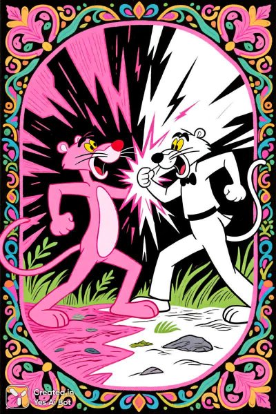 Розовая пантера: схватка стихий и буйство природной мощи в ярком рисунке. Картинка из нейронной сети Qwen images Ai