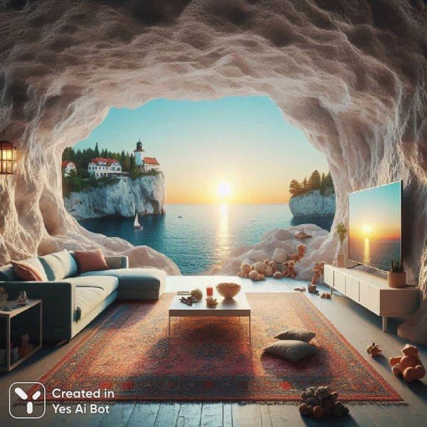 Уютная пещера с видом на море: скандинавский стиль и детская радость. Генерация из нейронной сети Dalle