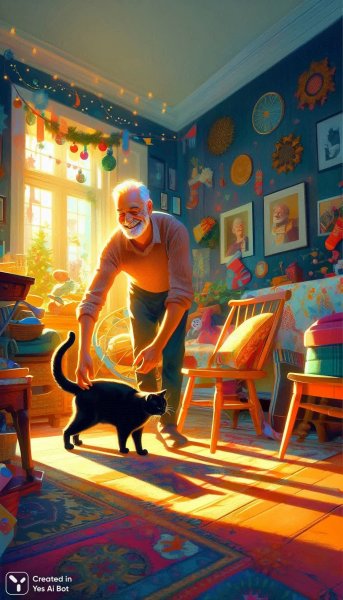 Дедушкины радости и мурлыкающий кот в уютной комнате. Генерация из нейросети Dalle 3